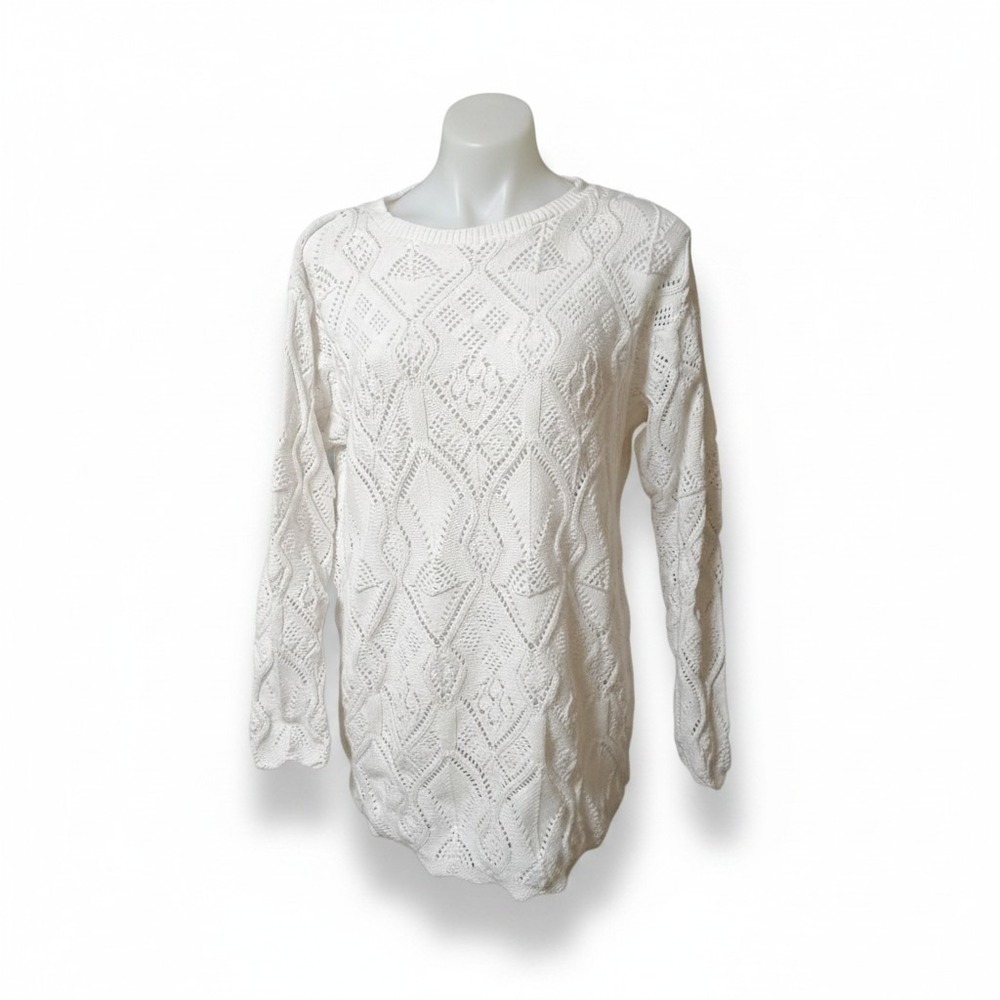 Beldoch Popper Vintage Women's M White Cotton Diamond Cable Knit Sweater